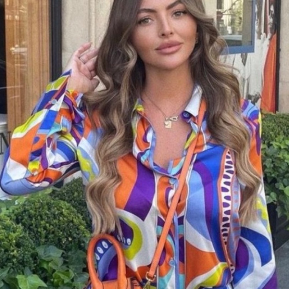 NWT Zara button down shirt multiple color print on satin, size S